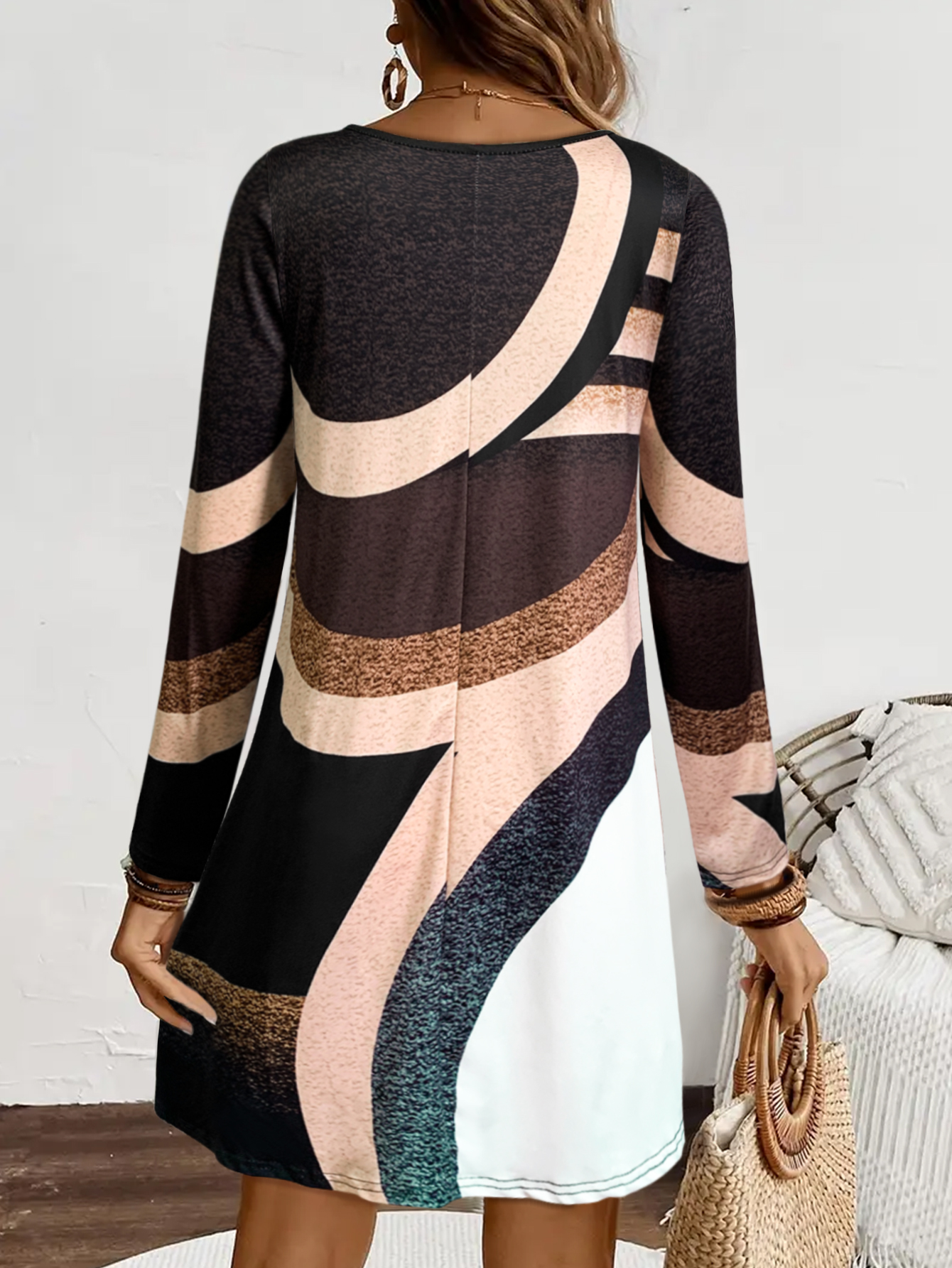 Robe à manches longues et col rond pour femmes, bloc de couleurs géométrique, tenue d'automne et quotidienne décontractée, tenue d'automne à la mode pour femmes