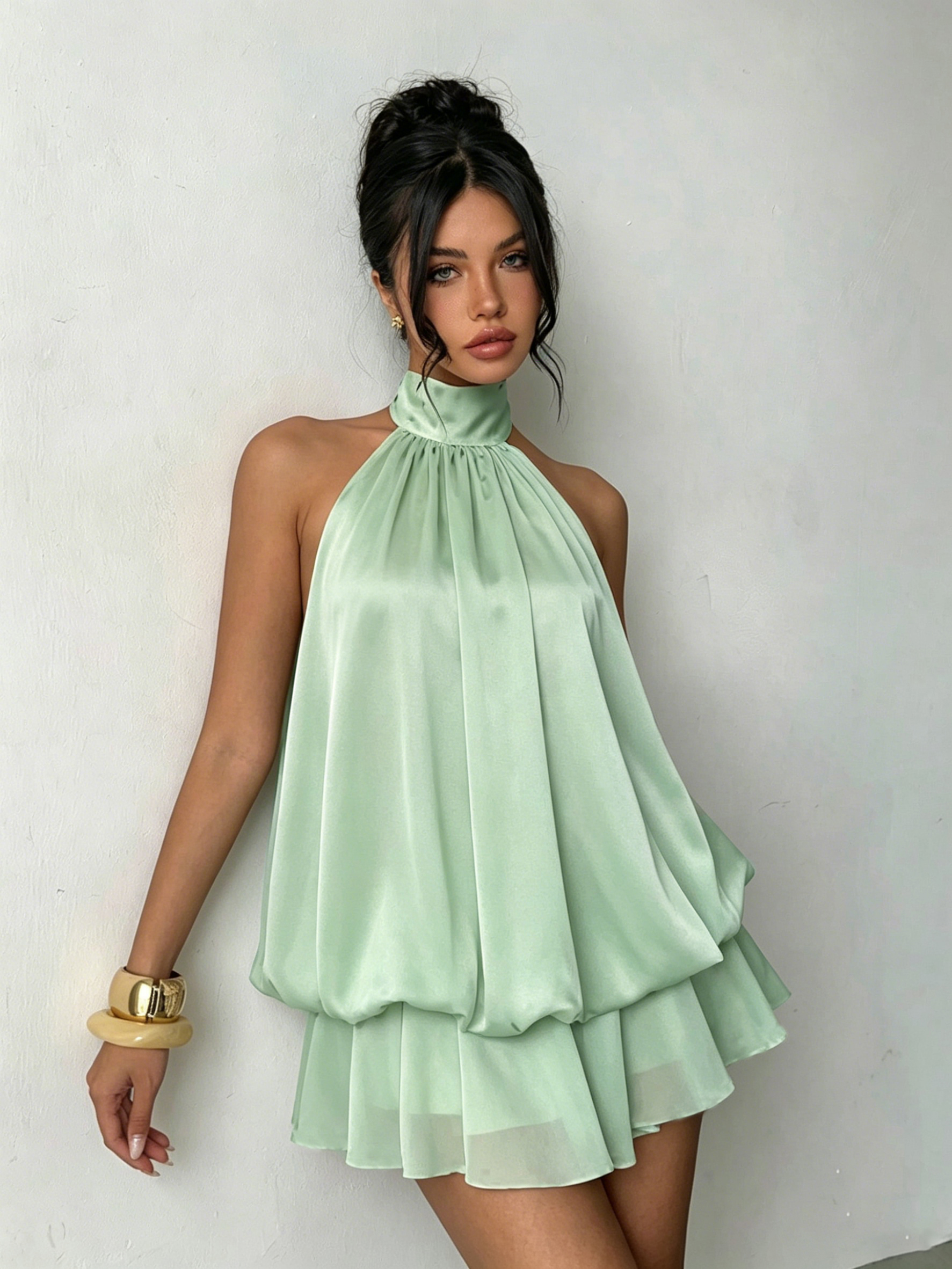 Robe élégante en satin et mousseline pour femmes avec nœud décoratif, robe de soirée tendance pour dames
