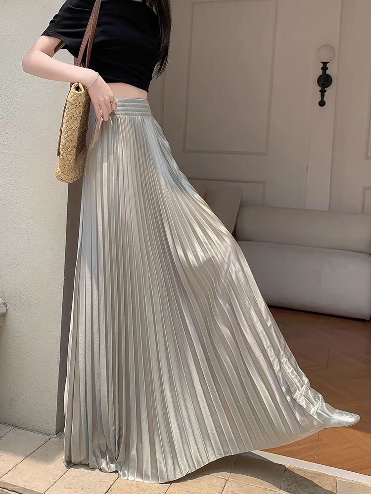 Jupe longue plissée en satin pour femmes grandes : jupe d'été évasée trapèze taille haute, coupe ajustée