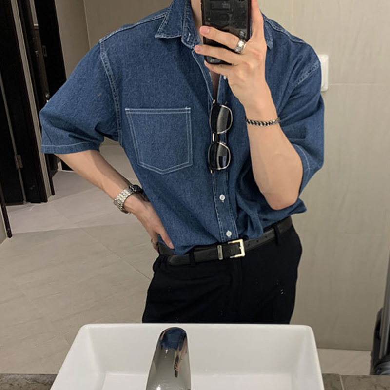 Chemise de poche à manches courtes en denim pour hommes, streetwear populaire coréen, vêtements d'été de luxe, boutonné de loisirs