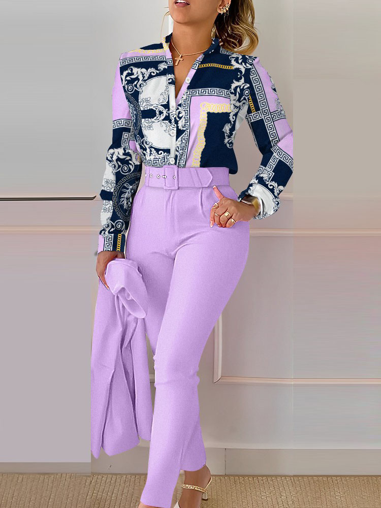 Costume chemise imprimé à manches longues pour femmes, Slim, taille haute, à lacets, élégant, pantalon crayon de bureau, ensemble deux pièces, printemps été