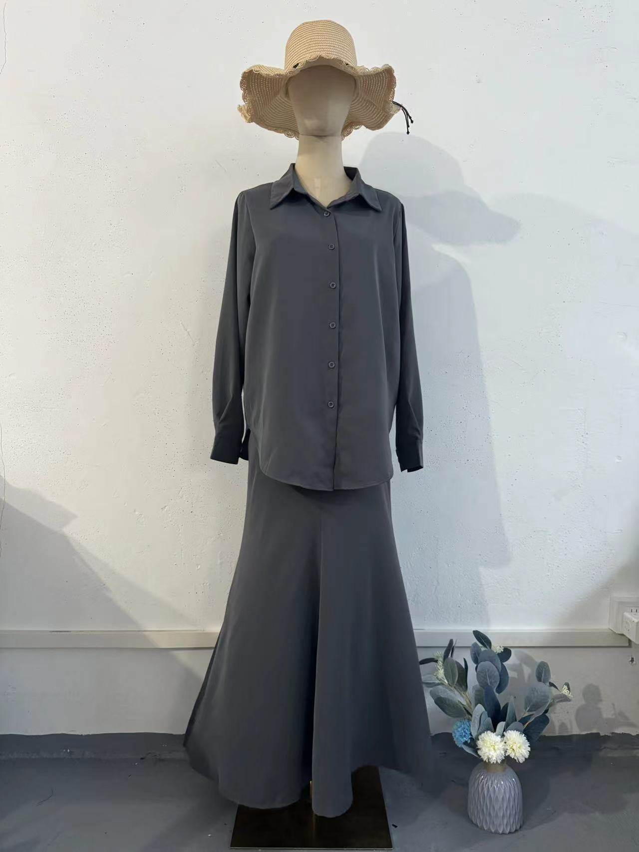 Chemise à manches longues à col rabattu pour femmes, ensembles de jupe, coupe couvertes, taille haute, robe sexy, 2 pièces