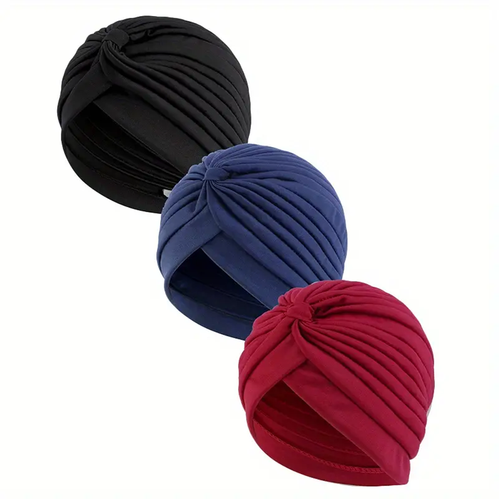 Lot de 3 bonnets turban torsadés élastiques pour femmes, hijab musulman, couleur unie, extensible, doux, pour chimiothérapie