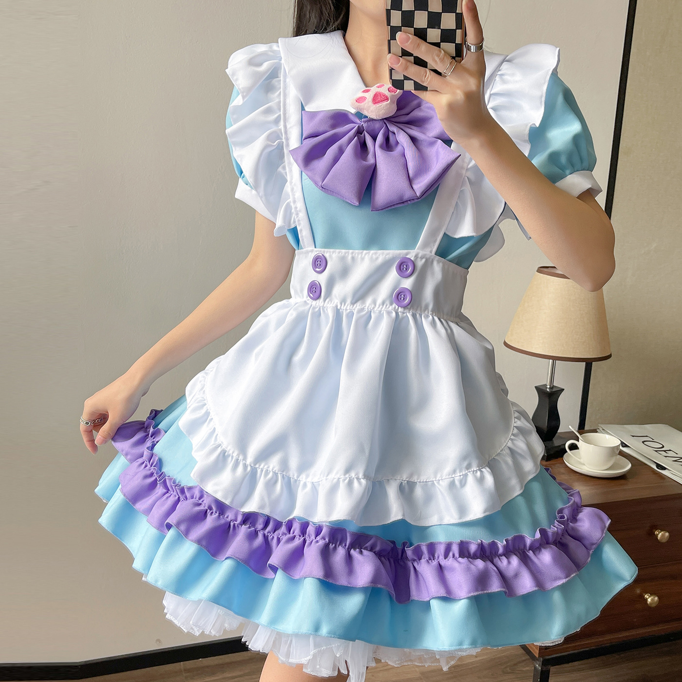 Robe longue rose pour femmes, tenue de demoiselle d'honneur Anime, tablier noir et blanc, Lolita, Kawaii, Costume de café pour hommes, Cosplay, Goth
