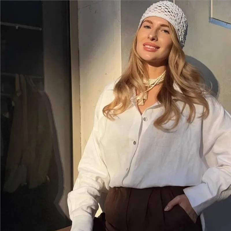 Chemise blanche en lin pour femmes, manches longues, élégante, rose, ample, mode, été, Vintage, basique, col haut, chemise pour femmes