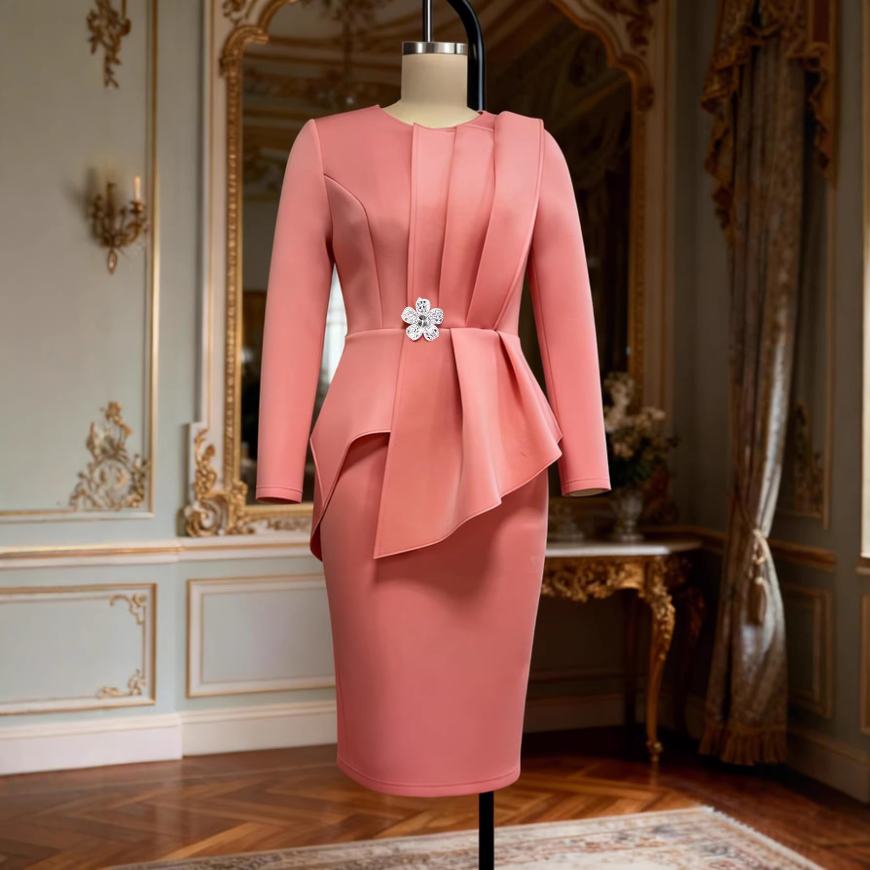 Robe mi-longue pour femme, style Y2K, streetwear, à volants, col rond, manches longues, coupe ajustée aux hanches, élégante pour soirée, taille cintrée
