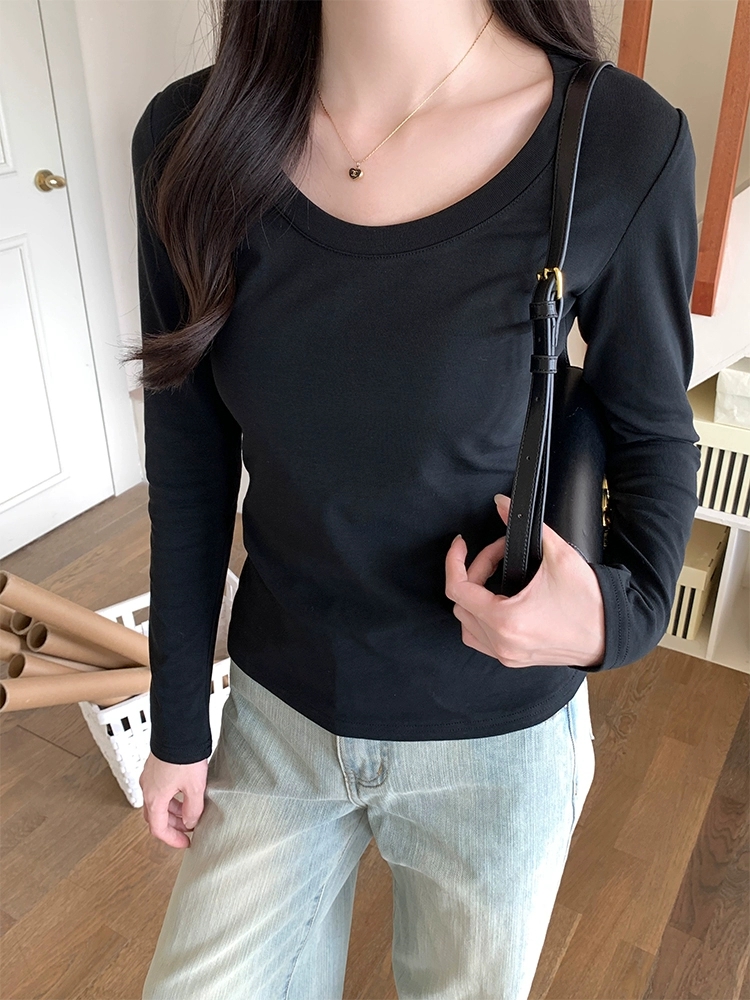 Col en U à manches longues T-Shirt femmes automne hiver nouveau coton mince haut décontracté basique solide bas chemises coréen