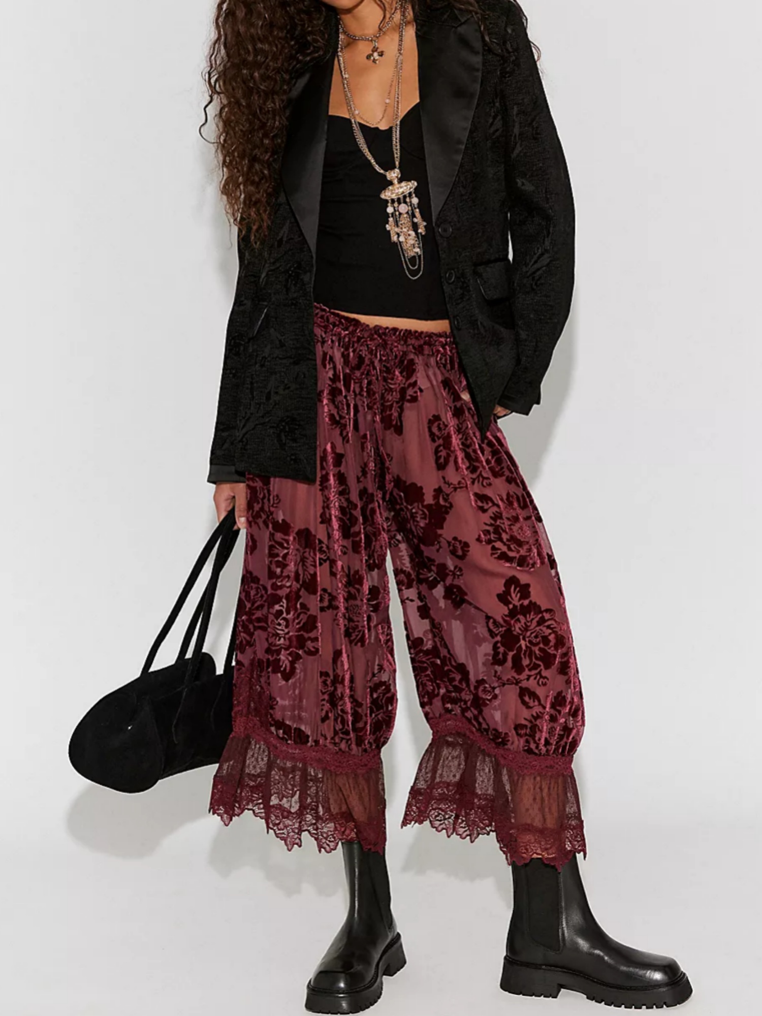 Pantalon Lanterne Lamuusaa pour Femme, Vêtement Élégant, Motif Floral en Velours, Taille Basse, Bordure en Dentelle, Pantalon Patte d'Éléphant, Streetwear