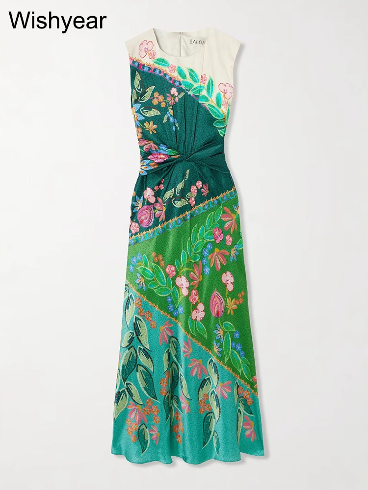 Wishyear Robe torsadée en satin imprimé Boho pour femme - Décontractée - Col rond - Sans manches - Style africain pour les festivals - Robe d'anniversaire