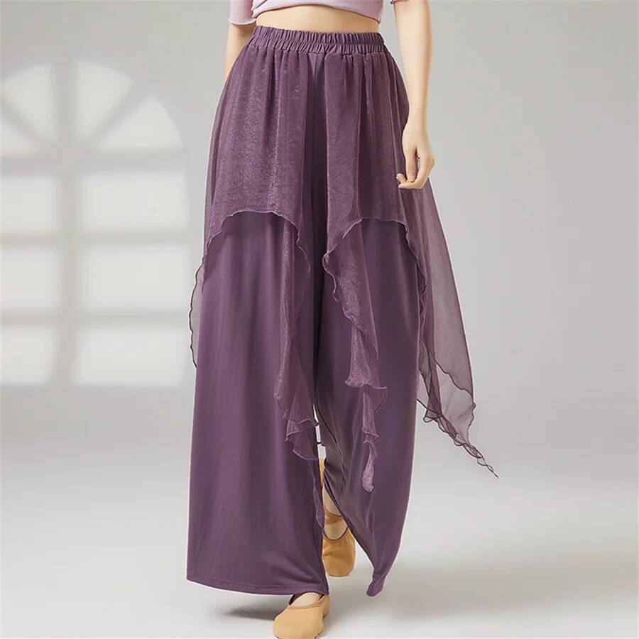 Pantalon de danse classique pour femme, en polyester, coupe large, taille irrégulière, élégant, avec voile, costume de danse moderne, pantalon de danse pour adulte