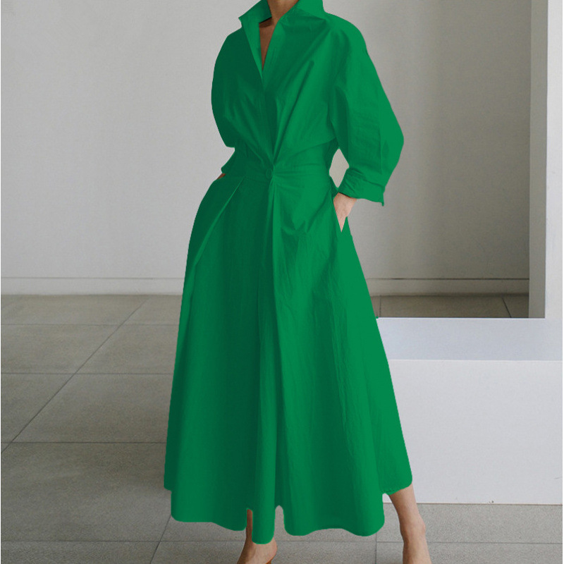 Robe chemise élégante pour femme, col à revers, manches 3/4, ceinture, coupe trapèze, longueur midi, tenue décontractée pour le bureau