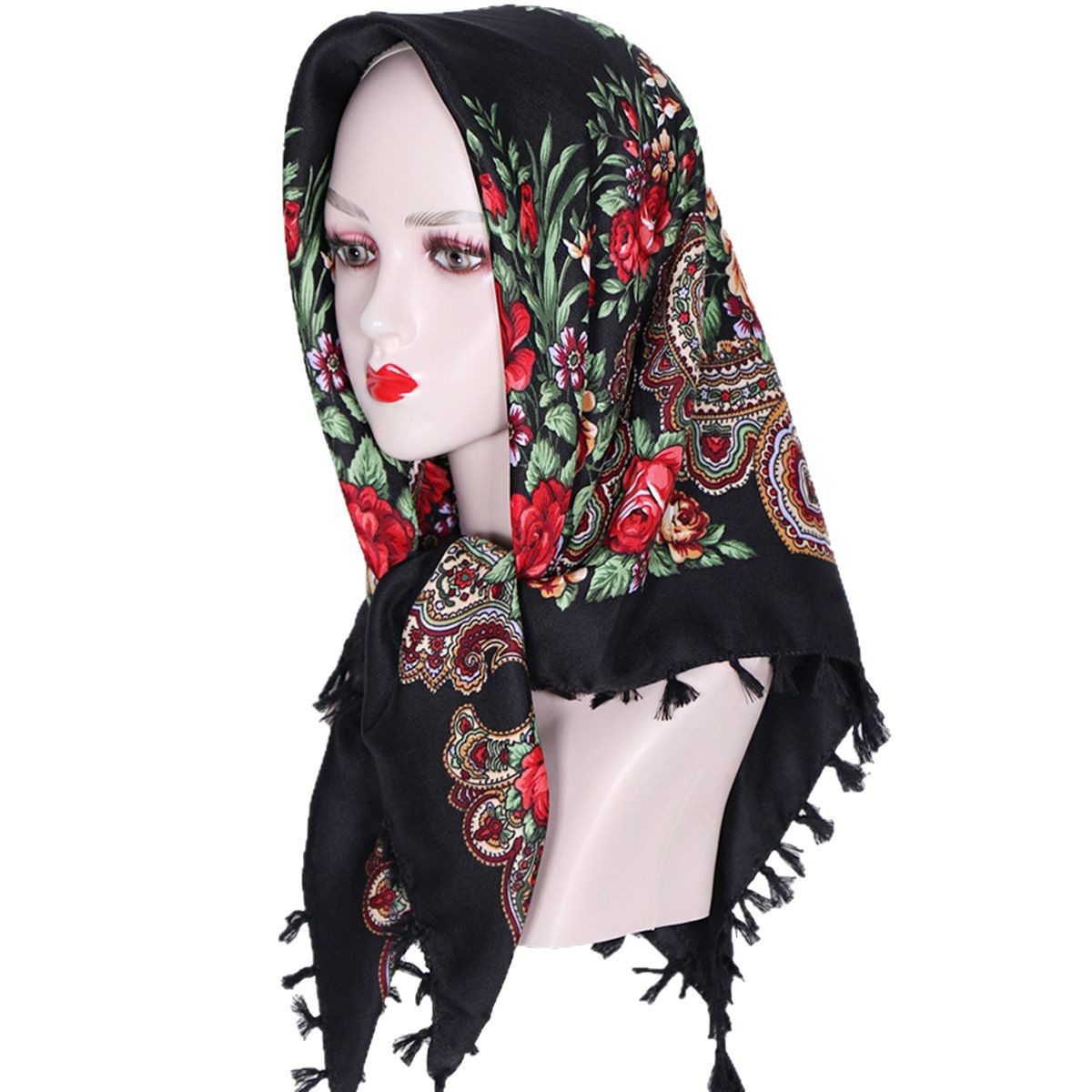Foulard carré russe 90x90cm à franges courtes pour femme, imprimé floral de luxe, bandana, châle, foulard de tête, couvre-chef féminin