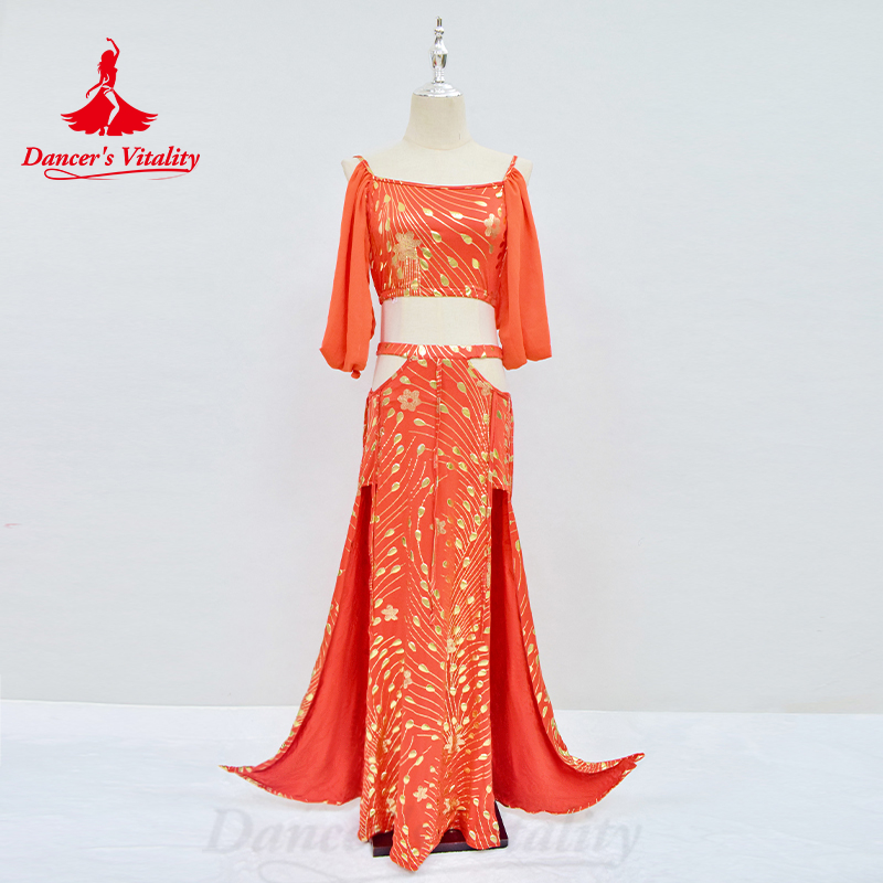 Costume de danseuse du ventre pour femmes, haut à demi-manches + jupe longue imprimée, 2 pièces, vêtements de spectacle de danse du ventre orientale pour adultes