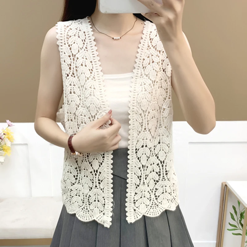 Cardigan Boho en Tricot Crochet pour Femme, Broderie Florale, Ouvert sur le Devant, Tenue de Vacances d'Été