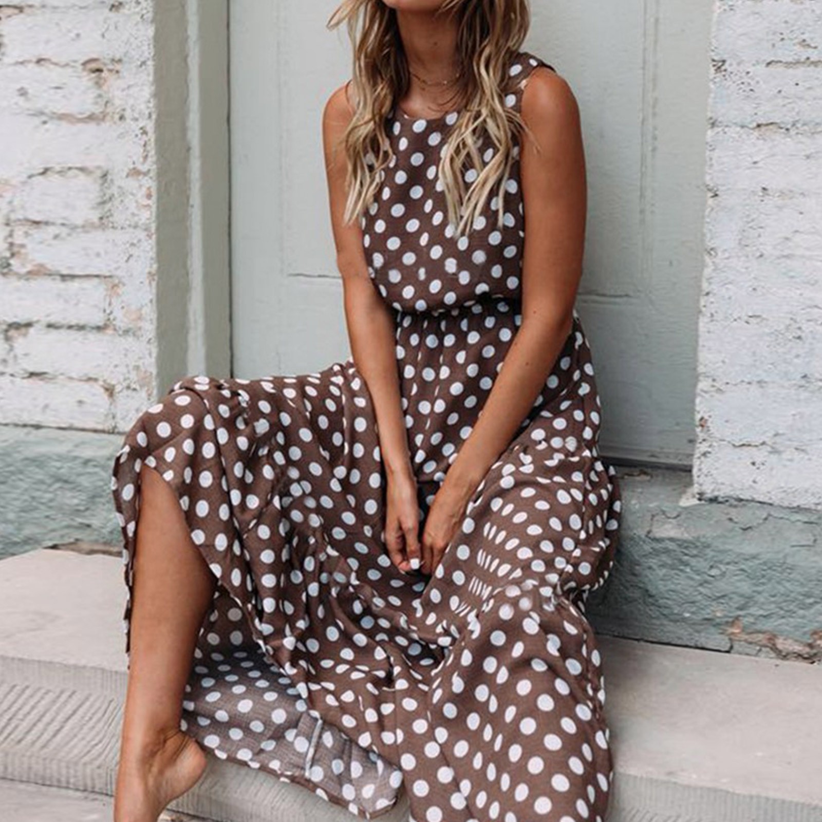 Robe d'été style Boho à pois pour femmes, Maxi, longue, Sexy, élégante, sans manches, avec ceintures, robe De soirée