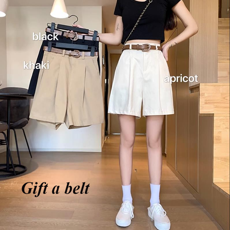 Shorts de travail pour femmes, taille haute, été, coupe large, avec ceinture, kaki, décontracté, en coton, style coréen, uni, avec poches