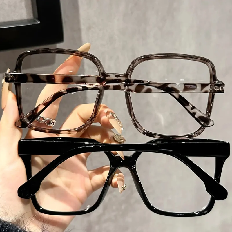 Lunettes rectangulaires à grande monture, décontractées et à la mode, avec verres transparents, adaptées à un usage quotidien et au bureau, 2 pièces