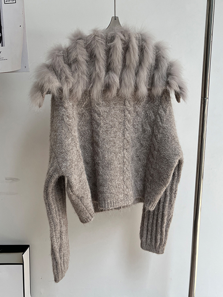 Automne femmes manteau tricoté Cardigan pull réel naturel fourrure de renard rayure col de luxe femme manches longues vestes