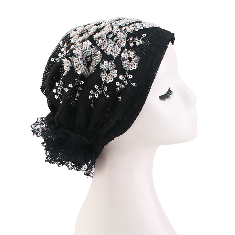 Turban en dentelle fleurie brodée pour femme, foulard musulman, bonnets, hijabs intérieurs prêts à porter