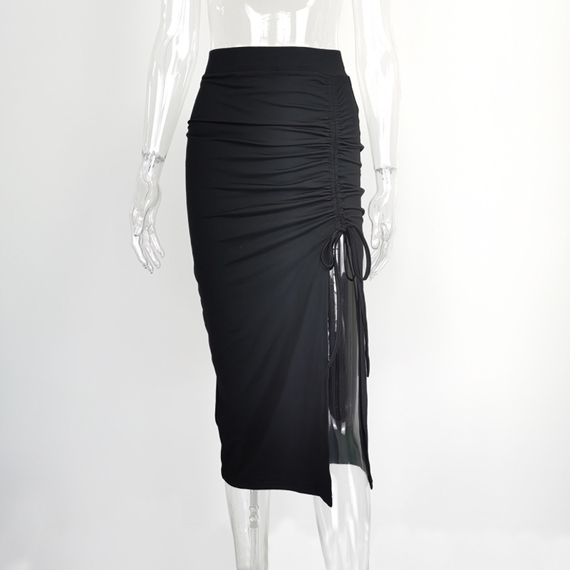 Femmes Sexy mince fente jupe irrégulière élastique taille haute plissée a-ligne jupe été américain rétro solide longue froncée jupes