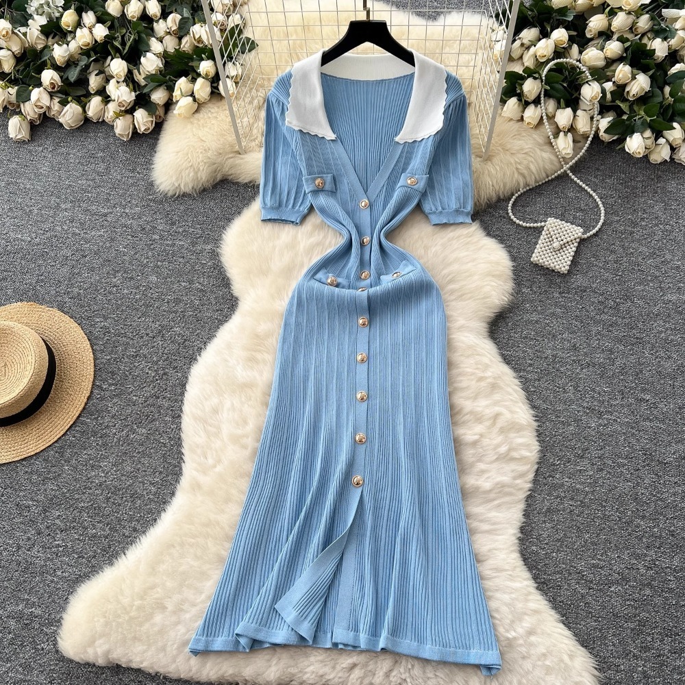 Neploe Style français Vintage lambrissé Moda Robe col rabattu manches bouffantes mince robes élégant Vent tricot luxe Femme Robe