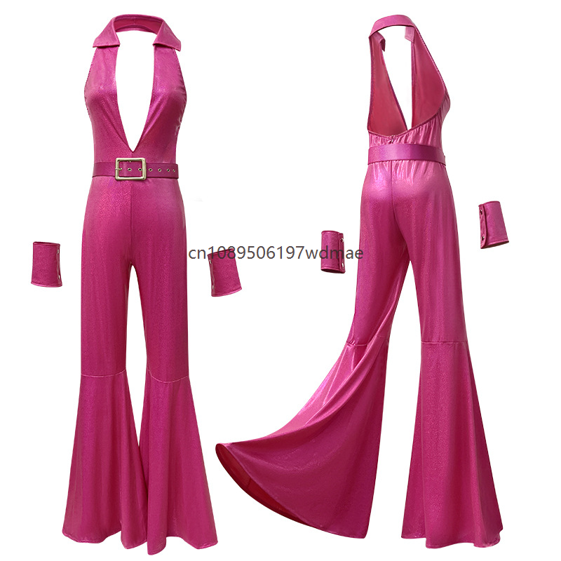 Costume de fête hippie, tenue disco cool, vêtements rétro pour femmes, masque, pantalon évasé hip-hop, combinaison pour performance de scène en boîte de nuit