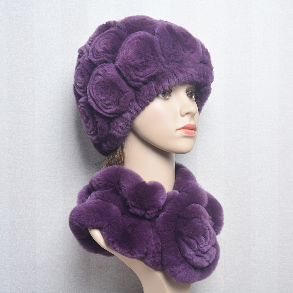 Nouveau femmes hiver fourrure chapeau écharpe ensembles naturel chaud réel Rex lapin fourrure casquette foulards dame tricoté chaud 100% véritable fourrure chapeaux silencieux