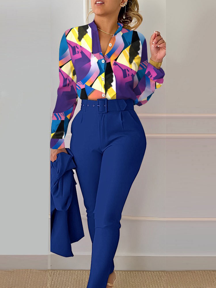 Costume chemise imprimé à manches longues pour femmes, Slim, taille haute, à lacets, élégant, pantalon crayon de bureau, ensemble deux pièces, printemps été