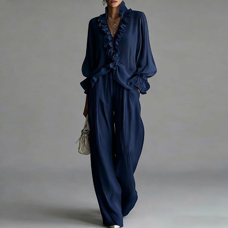 Ensemble décontracté blanc 2 pièces pour femme, chemisier sexy à volants col en V manches longues et pantalon large, tenue bohème printemps-été