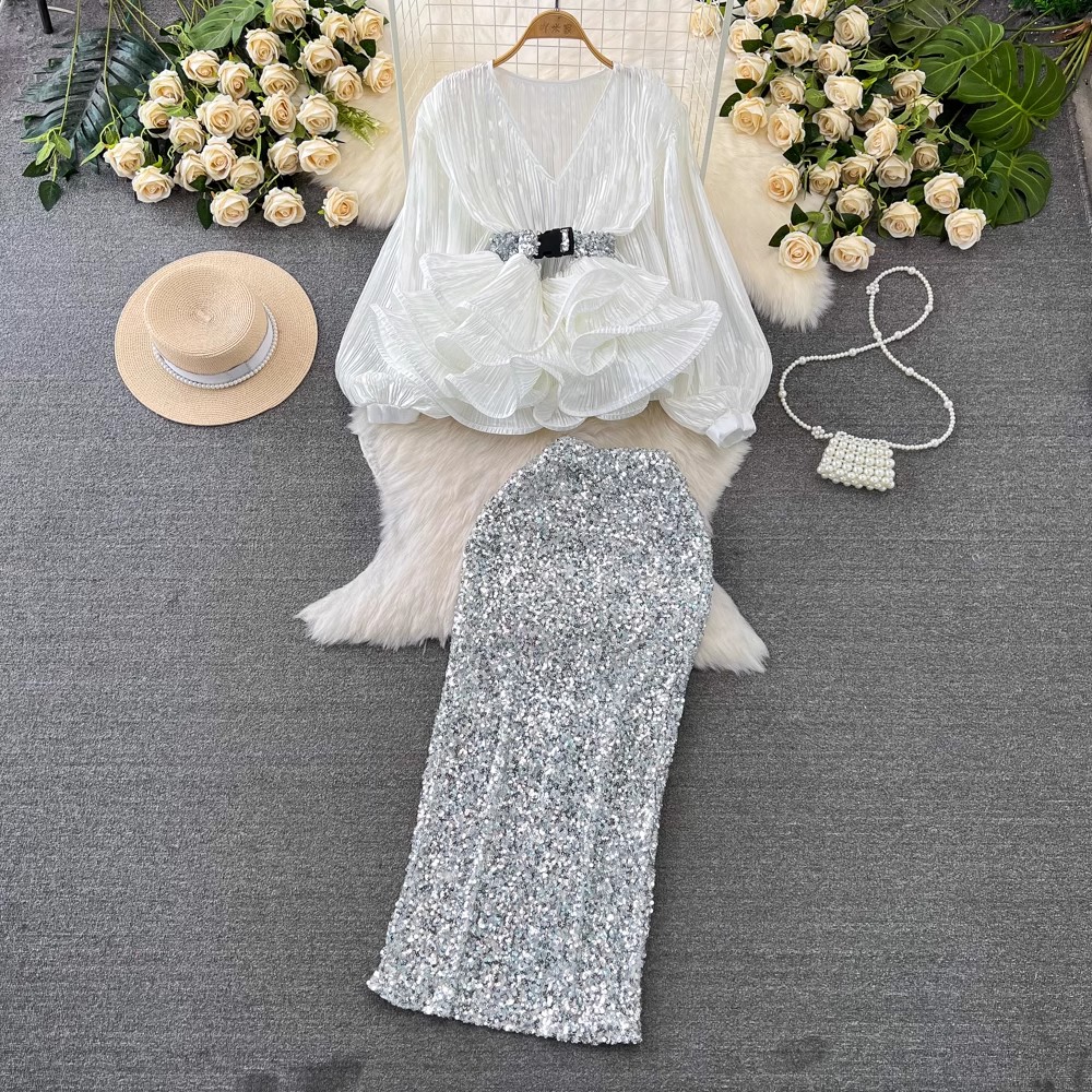 Ensemble 2 pièces élégant pour femmes, haut de gamme, mode d'été, col en V, ceinture, volants, hauts courts + taille haute, jupes longues et Slim, jupes de fête