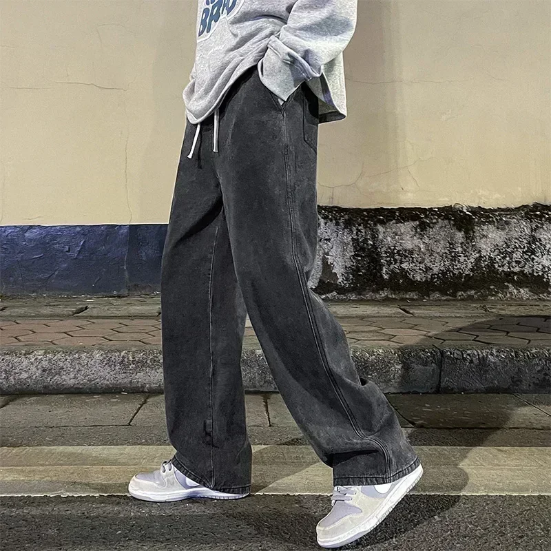 Jean pour hommes Version coréenne étudiant pantalons décontractés haute rue droite ample jambe large jean noir gris bleu Baggy jean