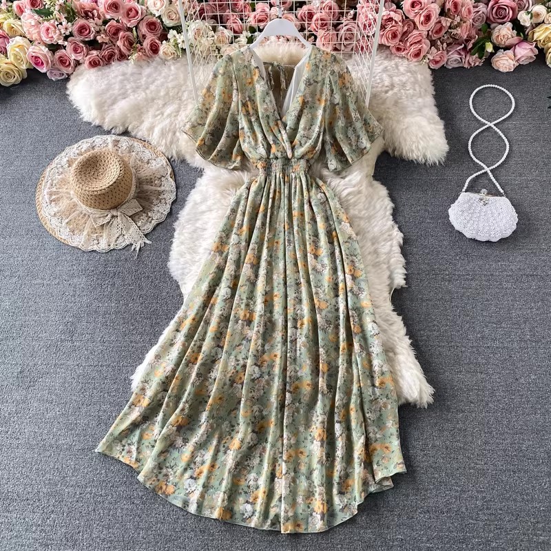 Robe longue en mousseline de soie à imprimé floral bohème pour femmes, robe de plage sexy à col en V et manches courtes, robe d'été pour les vacances, Vestidos