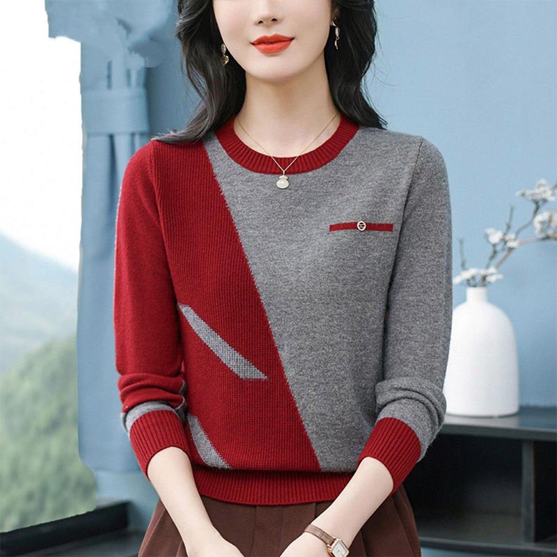 Vêtements pour femmes Vintage mode tricot laine pulls automne hiver nouveau élégant Chic Patchwork col rond chandails dame tout-match haut