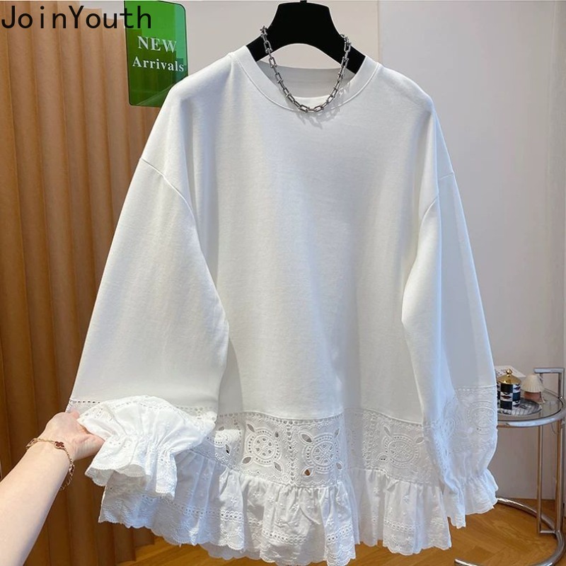 T-shirts surdimensionnés vêtements pour femmes Patchwork dentelle à manches longues t-shirts col rond décontracté Camisetas mode T-shirt blanc 2025 Ropa Mujer