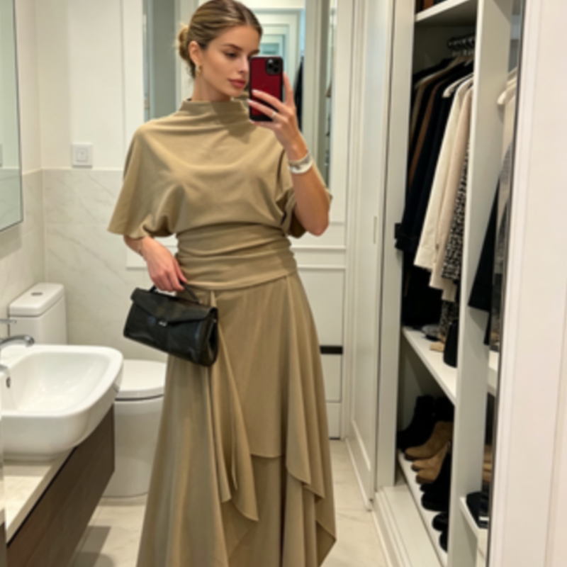 Ensemble deux pièces drapé camel pour femme, élégant, avec haut à col montant et taille froncée, jupe midi asymétrique, tenue décontractée pour le quotidien, les rendez-vous et le bureau 2026