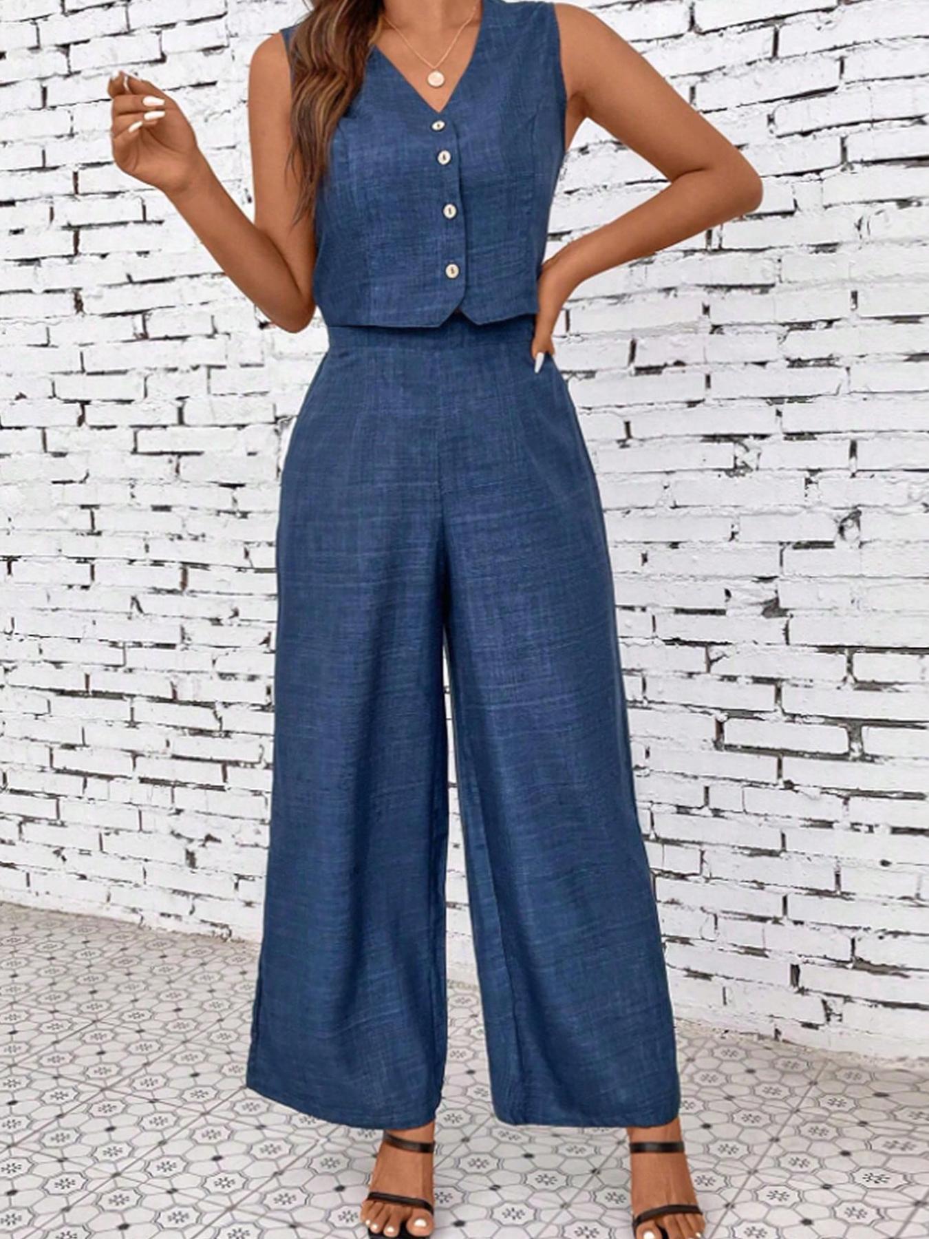Ensemble sans manches pour femme, débardeur col en V avec pantalon large, tenue décontractée pour le quotidien, coupe ajustée courte