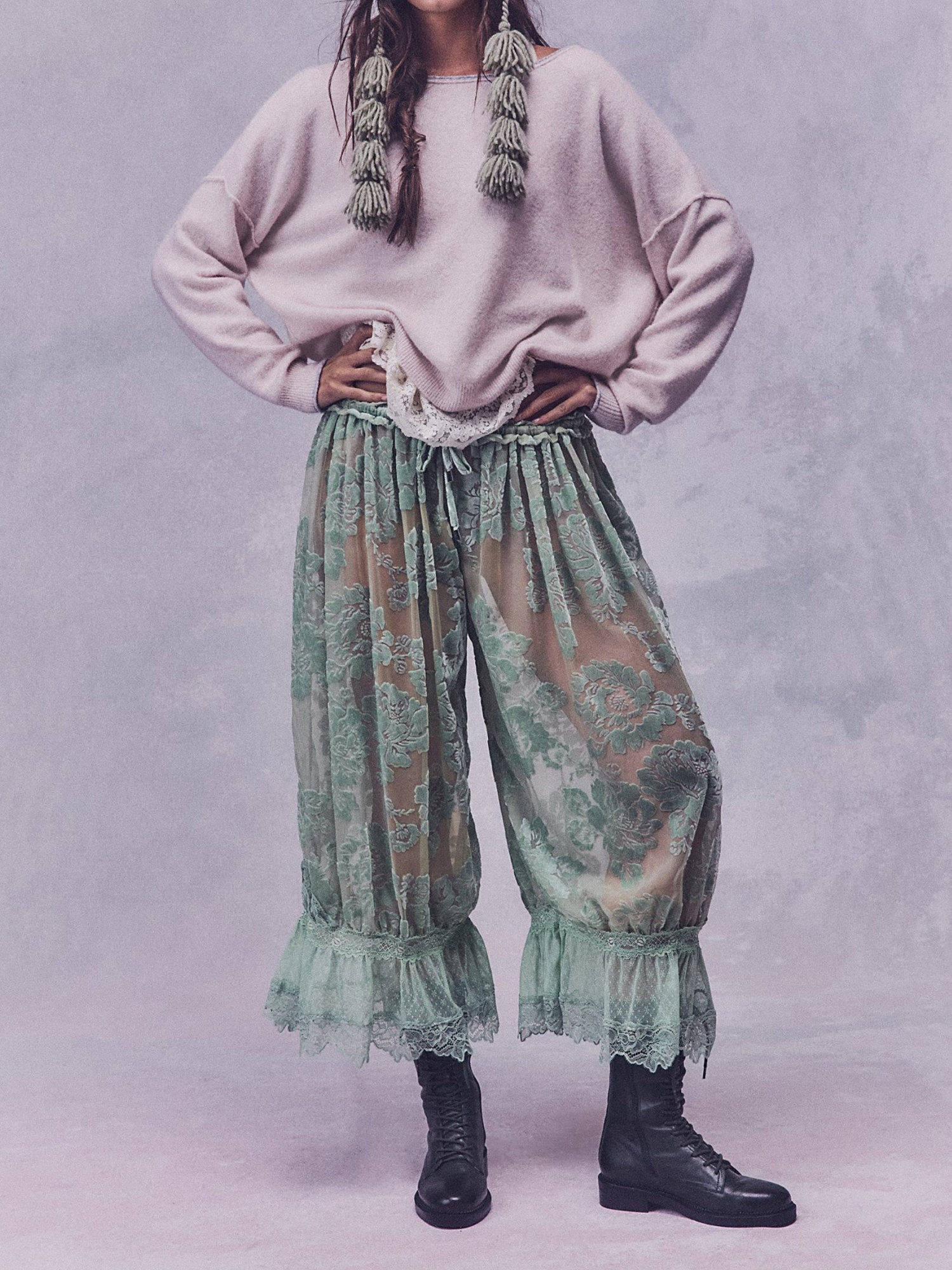 Pantalon Lanterne Lamuusaa pour Femme, Vêtement Élégant, Motif Floral en Velours, Taille Basse, Bordure en Dentelle, Pantalon Patte d'Éléphant, Streetwear