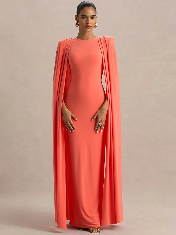 Cape manches Sexy robe Maxi femmes robe élégante mode fermeture éclair col rond taille haute fendu Club fête longues robes femme