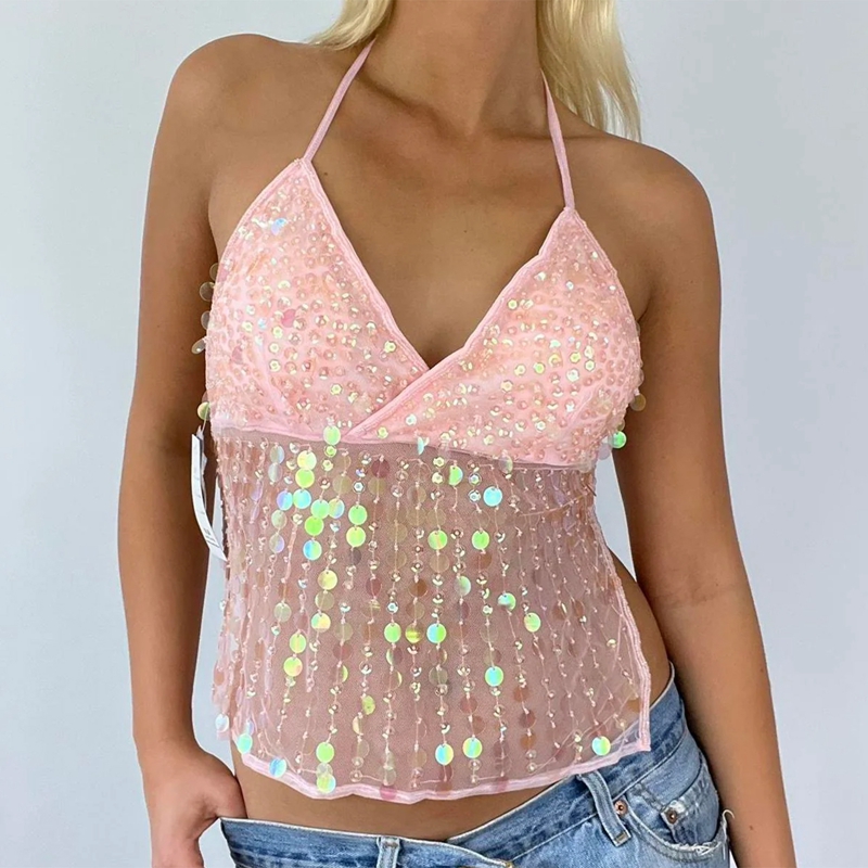 Haut court à paillettes pour femmes, col en V, dos nu, débardeur scintillant, Camisole Sexy, fête Rave, tenues des années 2000