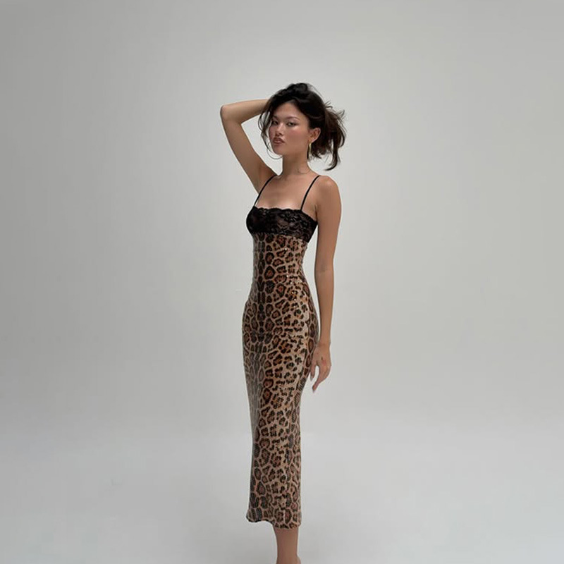 Robes longues maxi en dentelle patchwork pour femmes, imprimé léopard, sexy, à bretelles, sans manches, col bas, fente latérale, style streetwear féminin