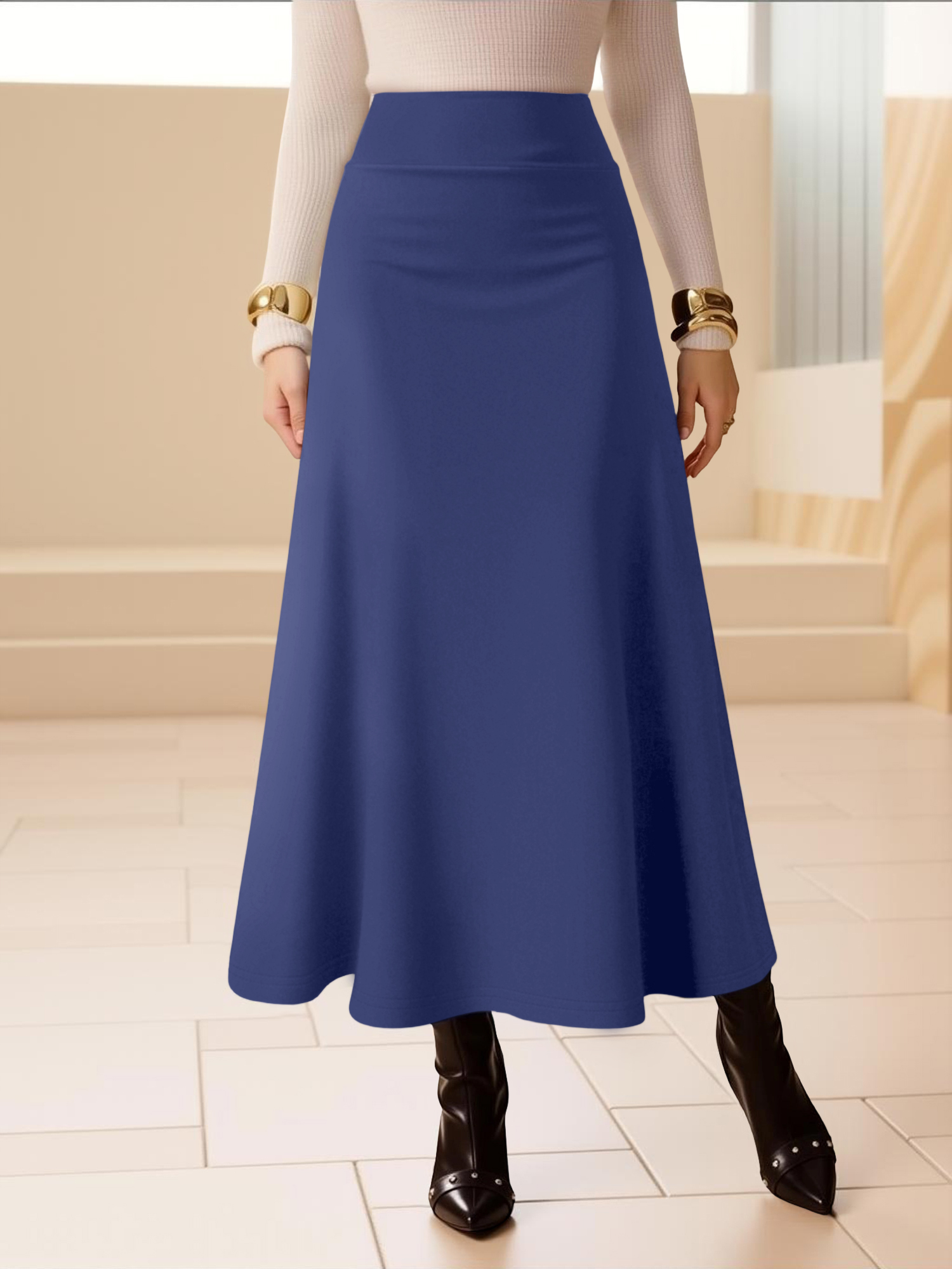 Jupe mi-longue à taille haute pour femmes, style évasé et fluide, tissu respirant pour tenues décontractées, sorties et dates, couleurs classiques
