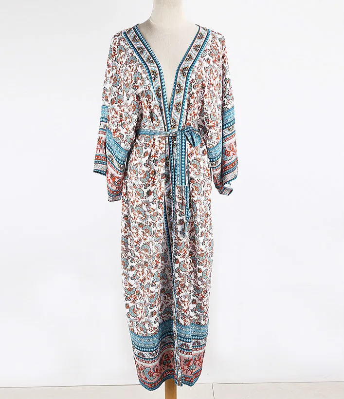 Robe de plage bohème en coton, rayonne, imprimé floral, cache-maillot de bain, cardigan, manches kimono, bohème, décontracté, été, éducatif