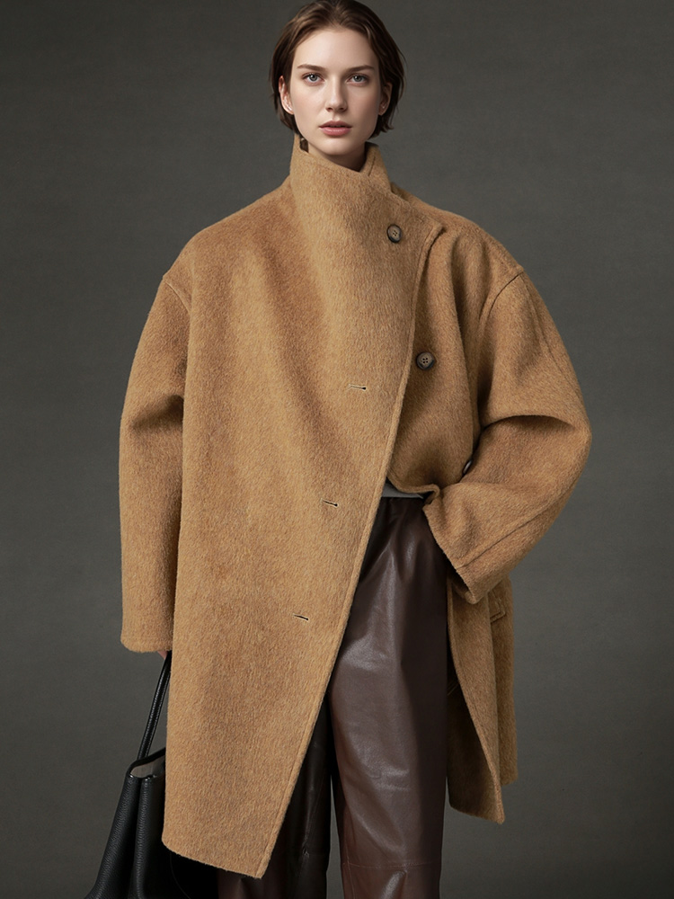 Manteau en laine ample à col montant pour femme, veste élégante et tendance automne-hiver 2026