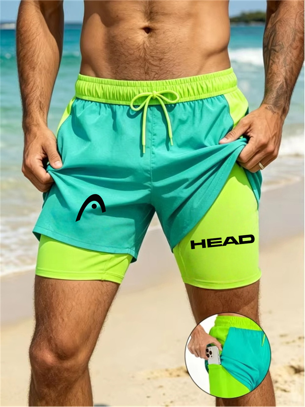 Shorts de sport d'été pour hommes, pour le surf, extensibles, à séchage rapide, amples et respirants, à double couche
