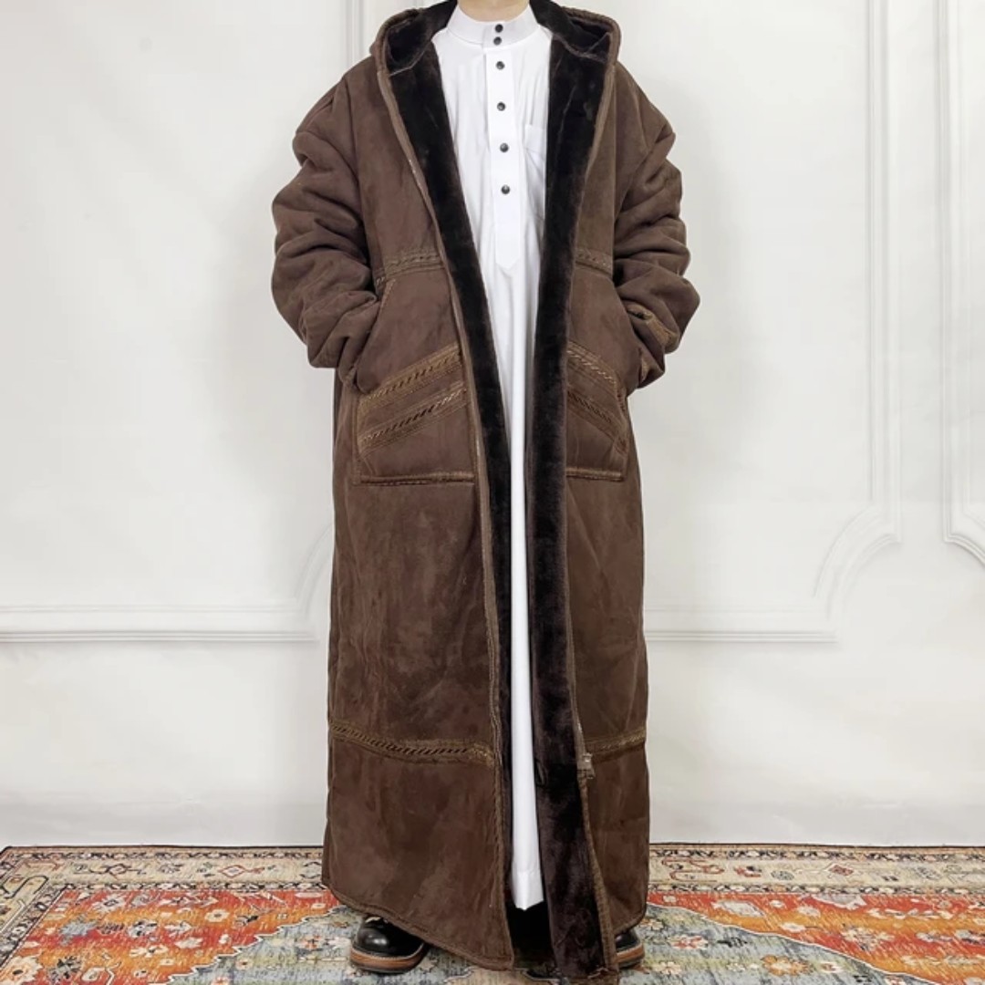 Qamis pour homme en faux daim, cardigan à capuche, épais, avec poches, chaud, hiver, musulman, islamique, arabe, Kaftan, Eid, prière, Jubba