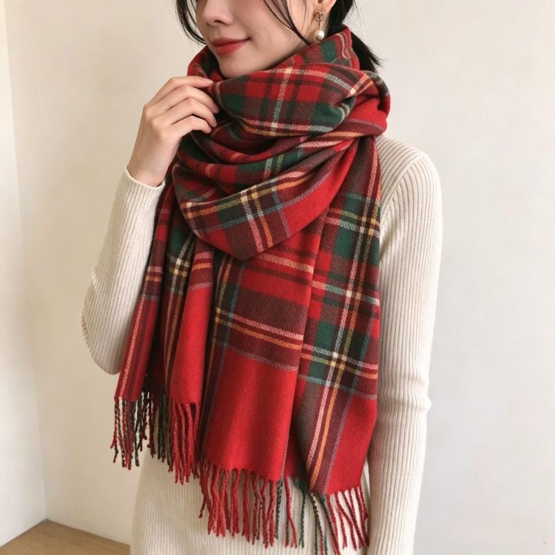 Écharpe à carreaux rouges pour femmes, châle à franges à carreaux de style vintage, écharpe chaude en imitation cachemire, grande écharpe à porter au quotidien.