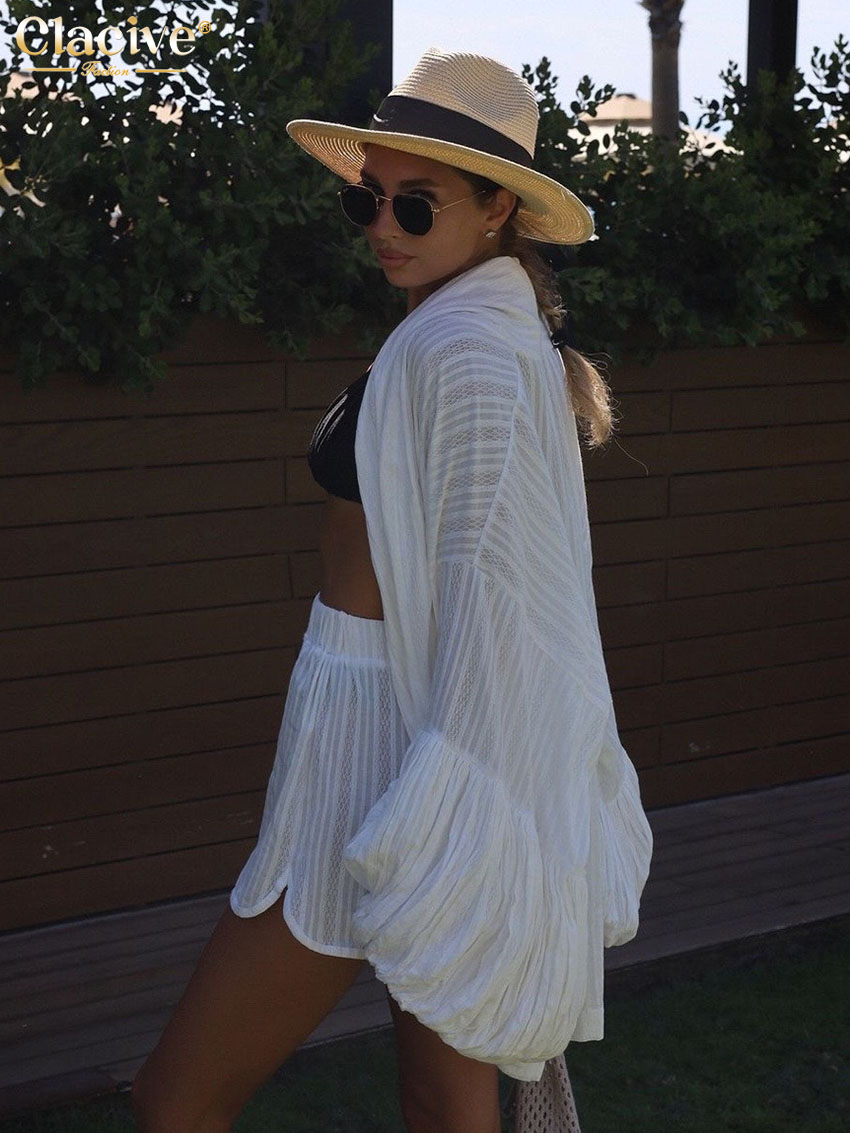 Clacive mode ample blanc coton ensembles pour femmes 2 pièces 2025 élégant manches bouffantes Robes avec taille haute Shorts ensemble femme