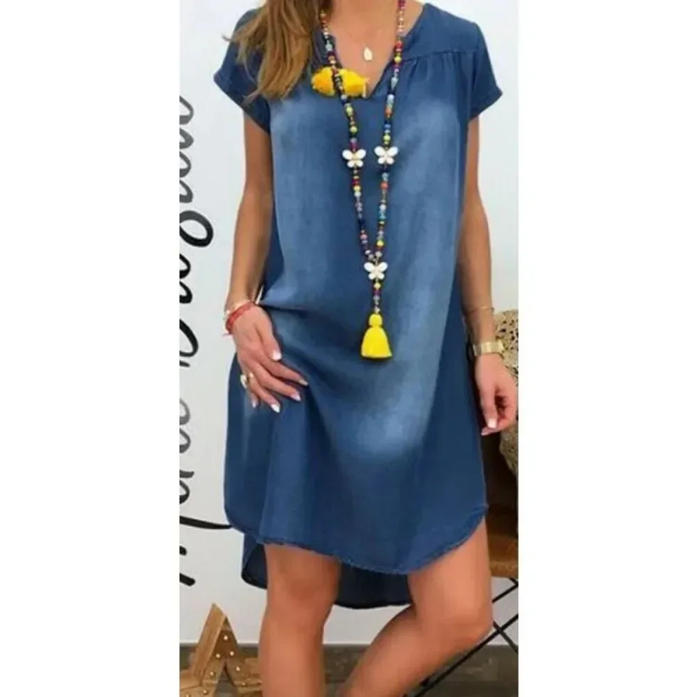 Robe en denim ample à manches courtes pour femmes, robe longue décontractée, mode vintage, grande taille, 1XL-5XL