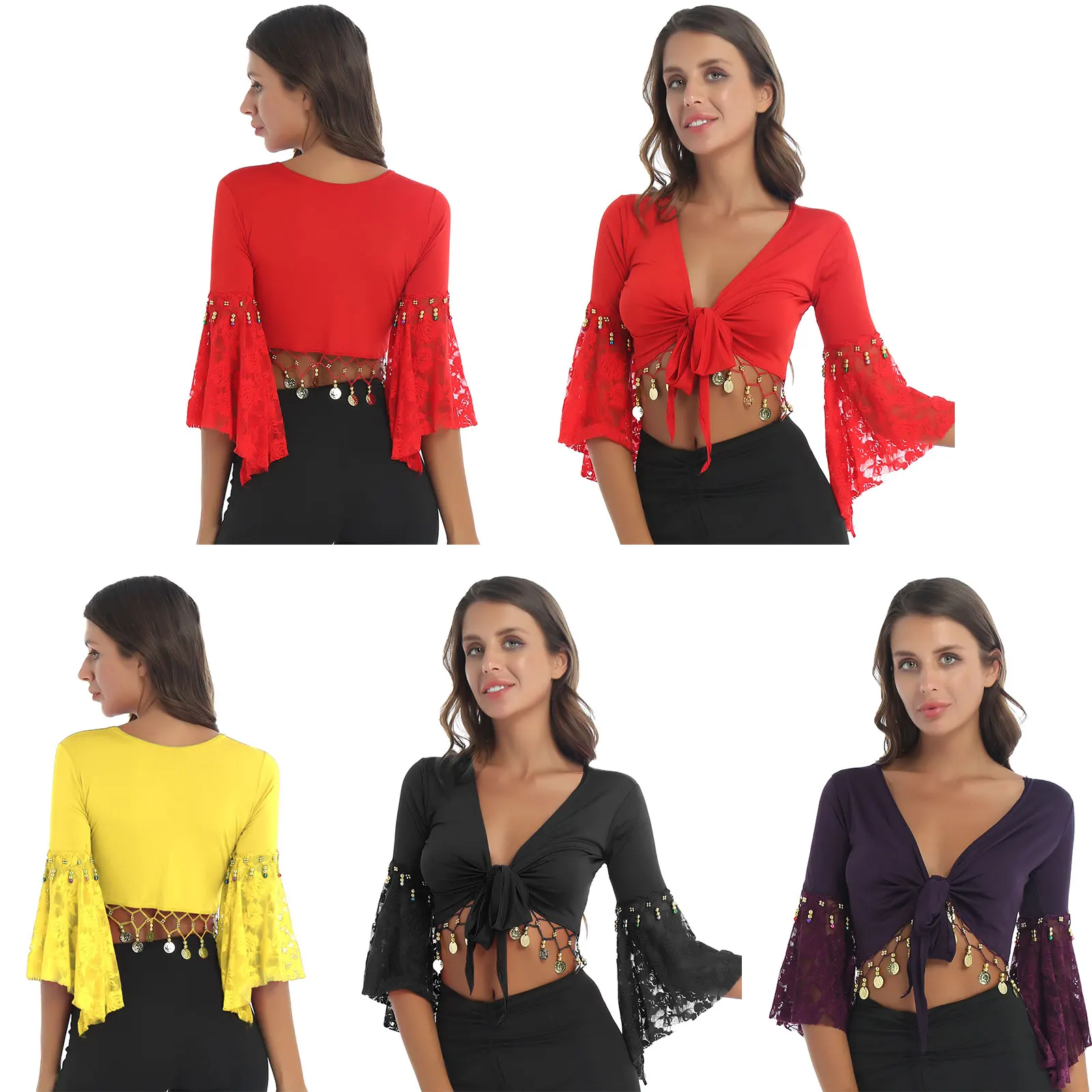 Veste courte boléro pour femmes, Costume de danse du ventre, manches évasées, châle à nœud, Cardigan, perles scintillantes, pompon, haut de danse du ventre
