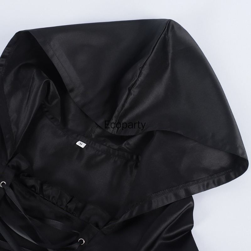 Robe gothique à capuche pour femmes, noire, col carré, manches évasées, grande balançoire, longue, Costume de fête d'halloween